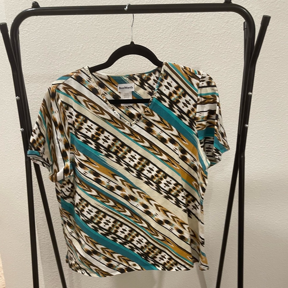 BonWorth Striped Women's Blouse - Teal, Black, Gold